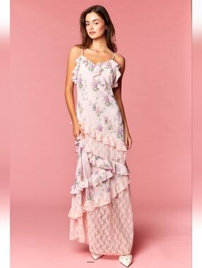 🩷🎀 Rareraw Pink Ruffle Lace Coquette Maxi Dress